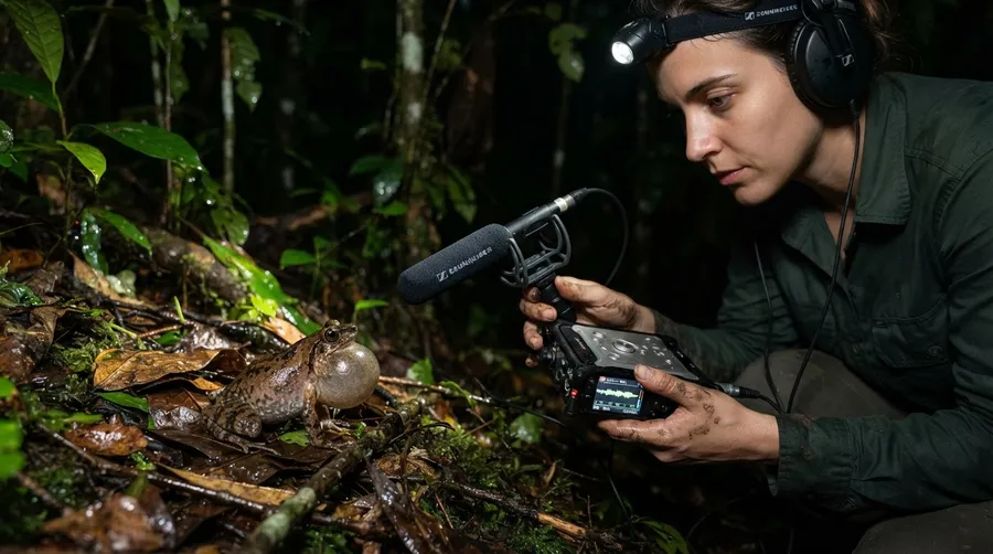 Scientist recording Adenomera varcena frog call in the field
