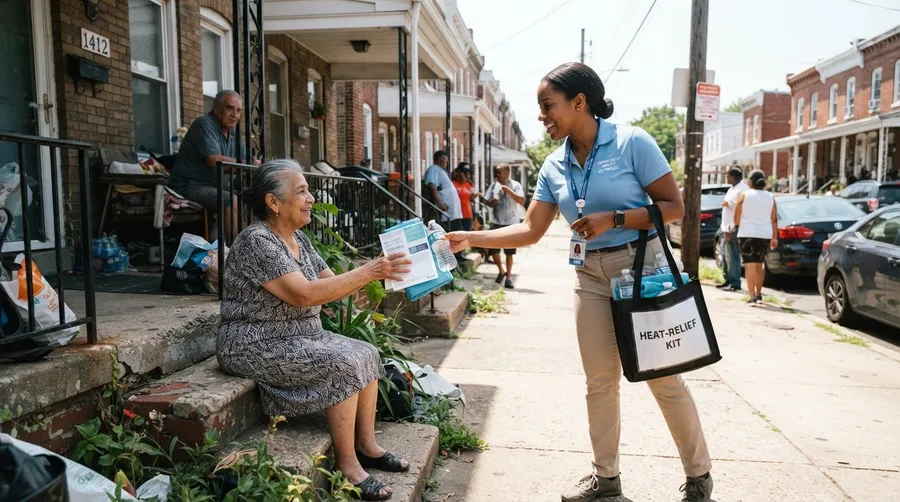 Healthcare worker distributing heat-relief kits during heatwave climate adaptation