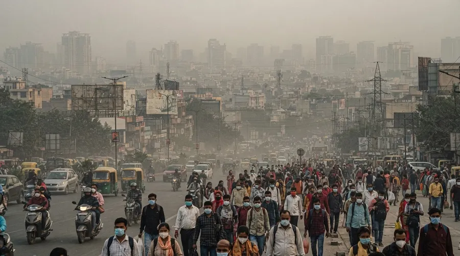 Smog-covered city with masked people illustrating urban air pollution impact