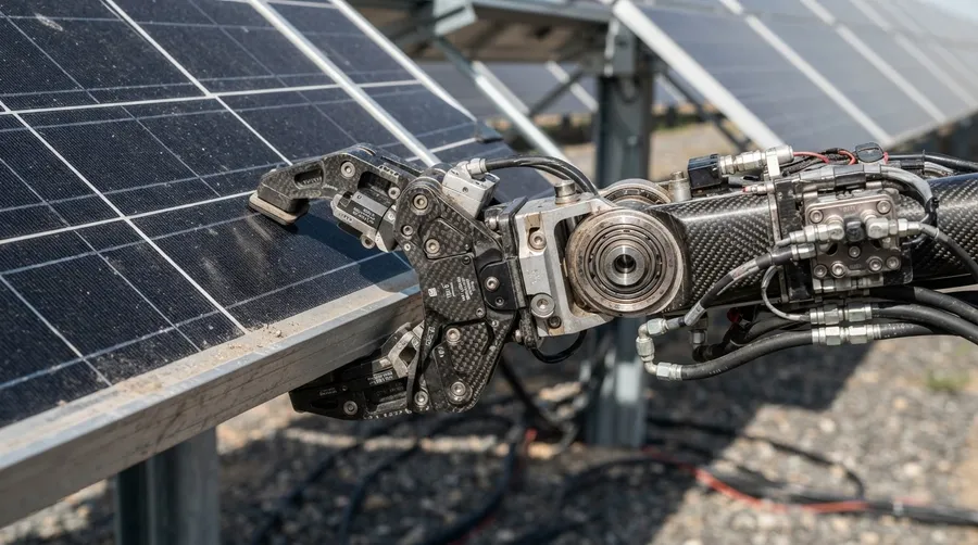 close-up of robot's precision arm gripping solar panel edge