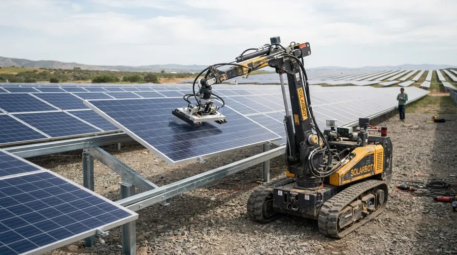 robot installing solar panel on mounting frame with precision