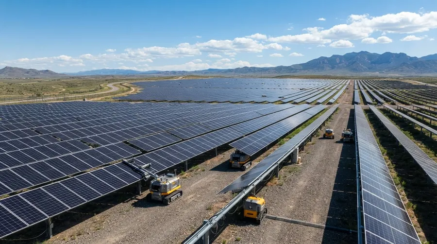 robots working in large solar farm under bright blue sky