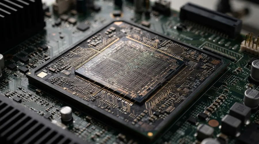 Close-up of neural network chip showing intricate circuits and complexity