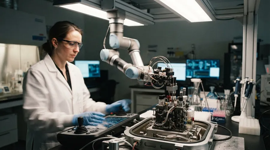 Researcher using robotic arm to assemble bioweapon prototype in high-tech lab