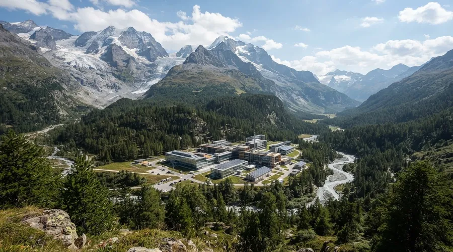 Wide shot of research facility in nature showing tech advancement vs natural world