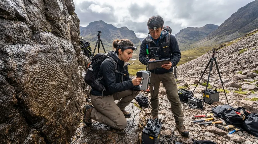 Researchers analyzing Paleodictyon formation with high-tech equipment