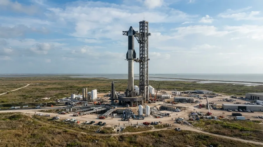 Wide shot of Starship on launch pad with support structures and landscape
