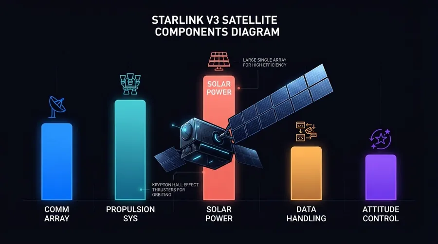 Component diagram of Starlink V3 satellite with labeled parts and functions