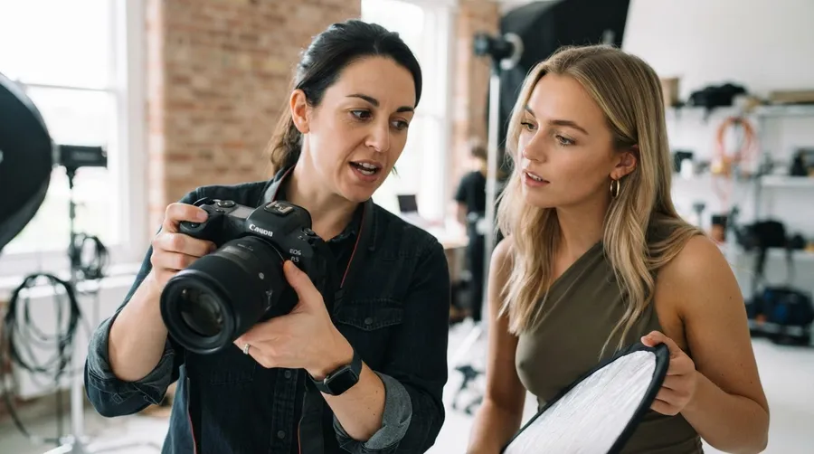 Photographer adjusting camera while explaining lens distortion physics to model