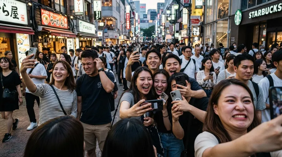 Crowded street with people taking selfies showing varied facial appearances