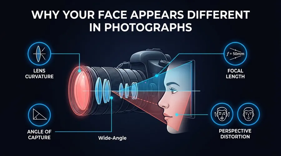 Diagram of elements causing facial distortion like lens curvature and focal length