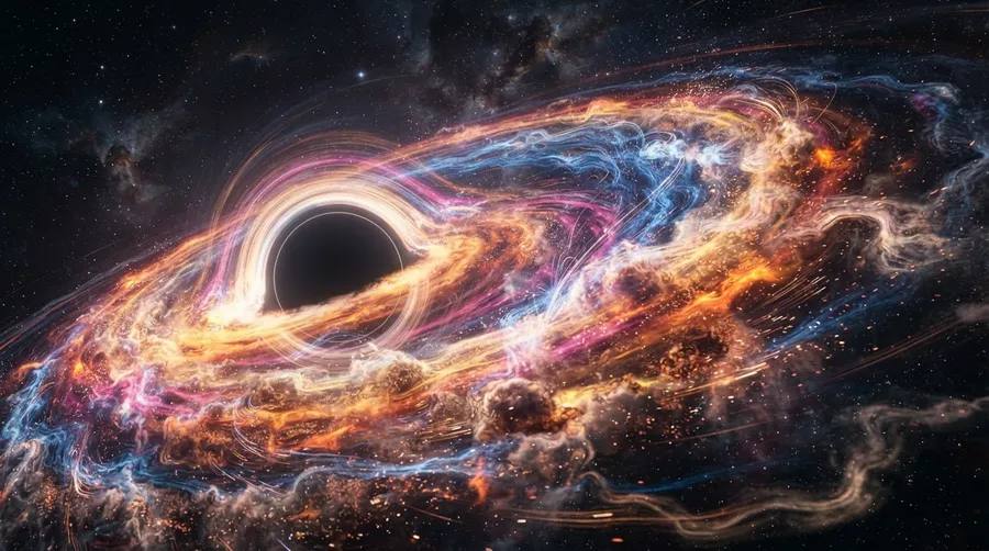 close-up of swirling accretion disk material around a black hole