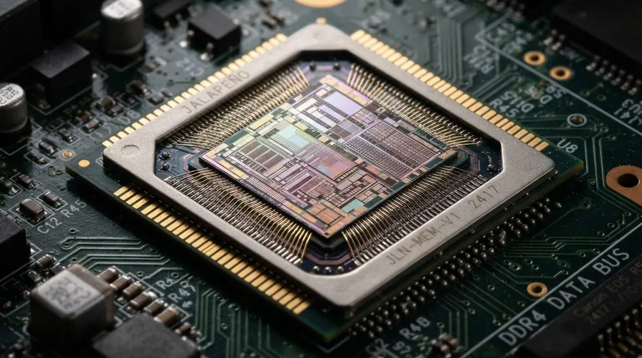 Close-up of Jalapeño chip's memory interface with fine connections and etched patterns
