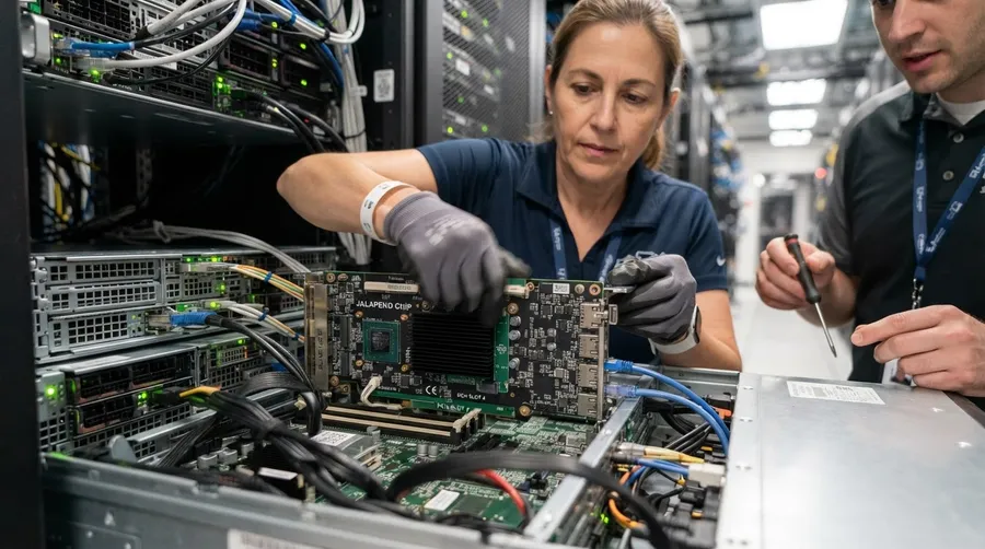 Engineers installing Jalapeño chip into server with cables and tools in motion
