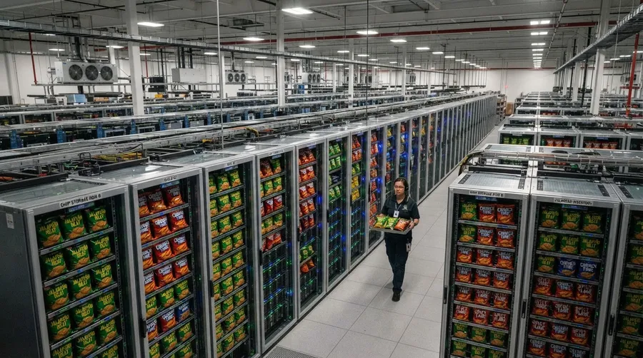 Data center with servers housing Jalapeño chips under bright lighting