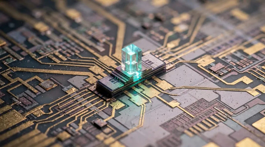 Close-up of a nanolaser on a microchip showing fine etching