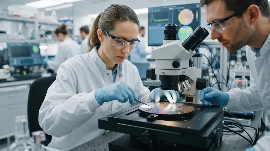 Scientists aligning silicon wafer under microscope for testing
