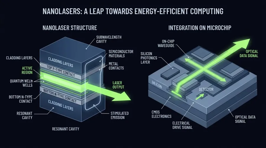 Diagram of nanolaser structure and integration into microchip