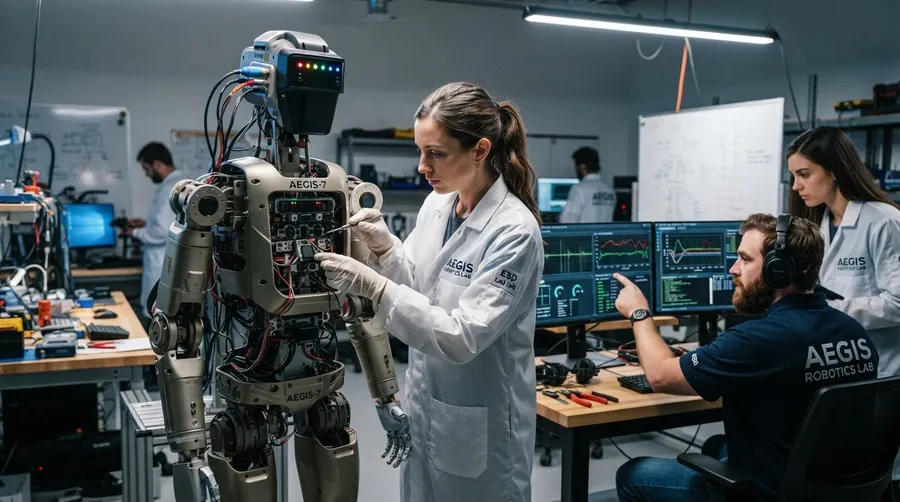 engineers working on humanoid robot sensors