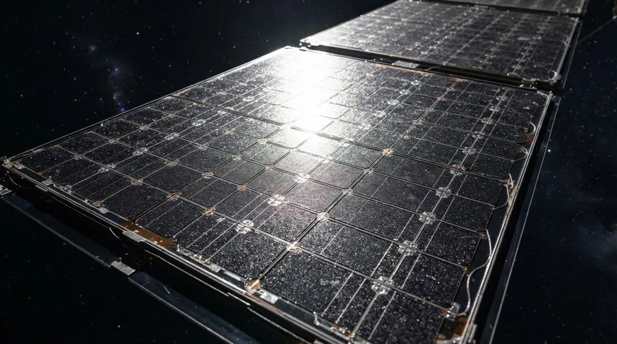 Close-up of Juice spacecraft solar panels with photovoltaic cell design