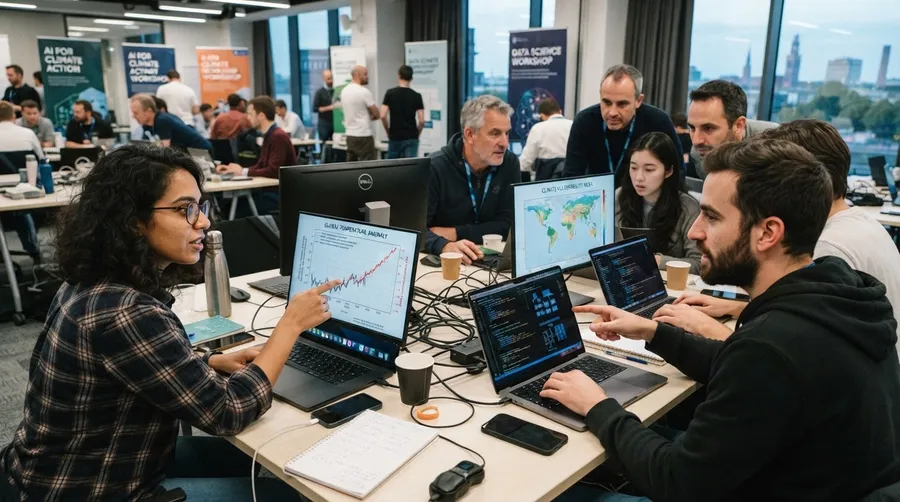 AI developers and scientists collaborating on climate data