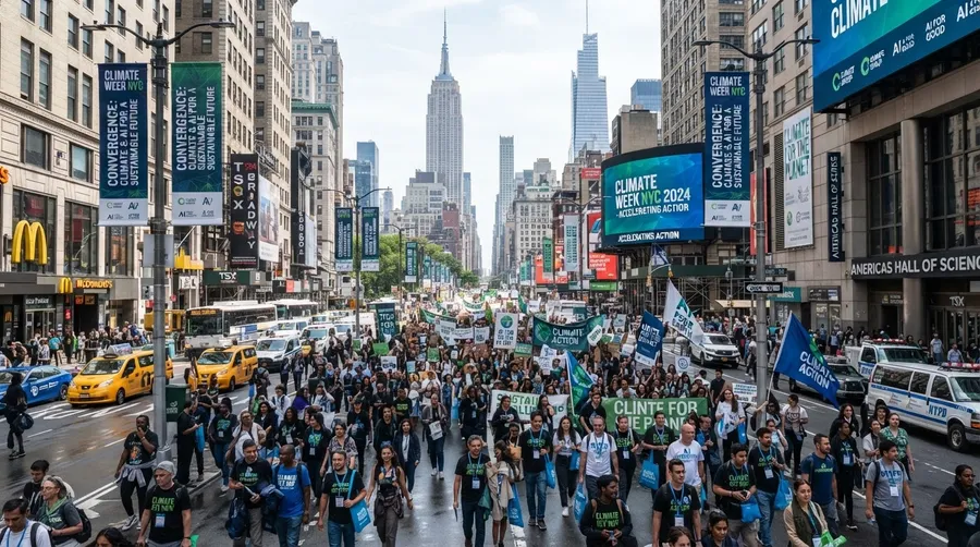 Manhattan streets during Climate Week with climate banners