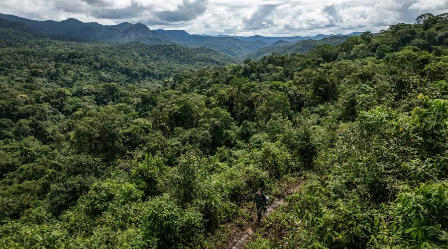 Dense Bolivian jungle with researcher illustrating habitat scale