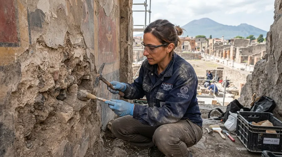 Scientist extracting rock samples at Pompeii site with protective gear