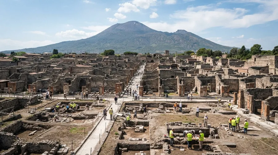 Pompeii excavation site with archaeologists and Mount Vesuvius