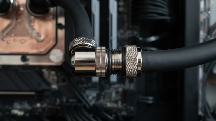 Close-up of liquid cooling pipe connector with precision engineering