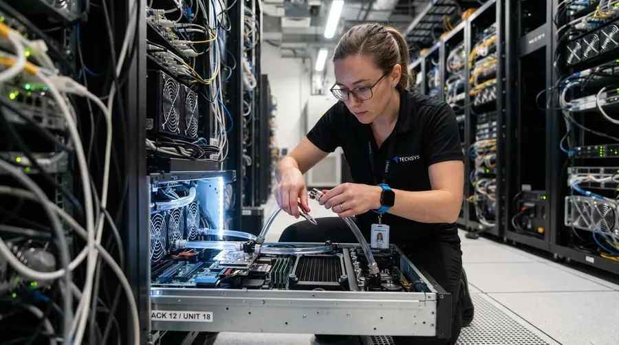 Technician installing liquid cooling system in server rack