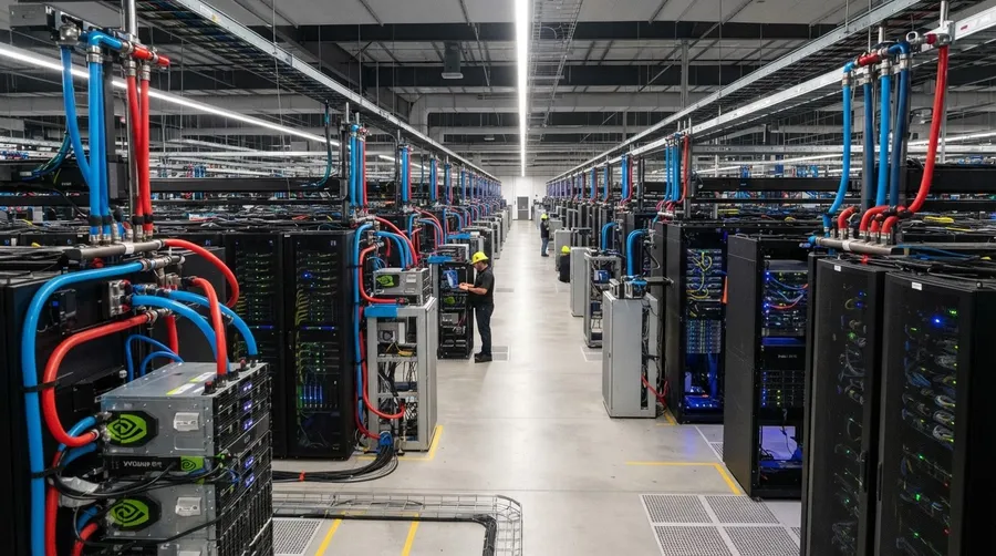 Data center floor with server racks and integrated liquid cooling