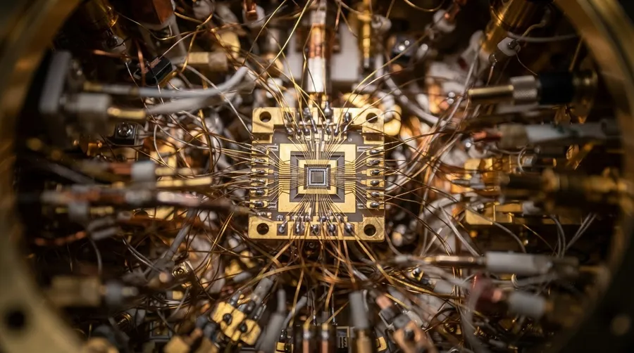 Close-up of a single qubit on Quantinuum H2 processor with intricate wiring