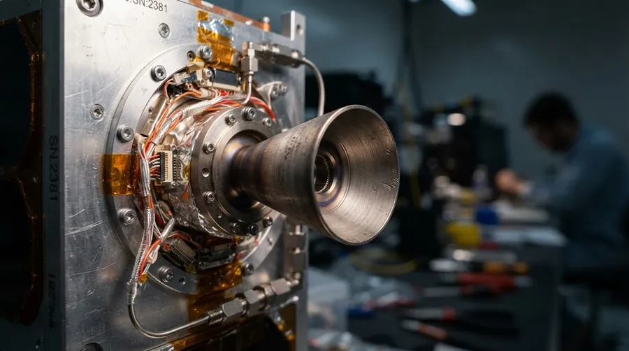 Close-up of CubeSat propulsion nozzle showing material texture