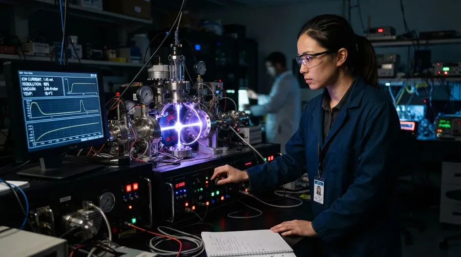 Scientist adjusting ion separation machine with light and electricity