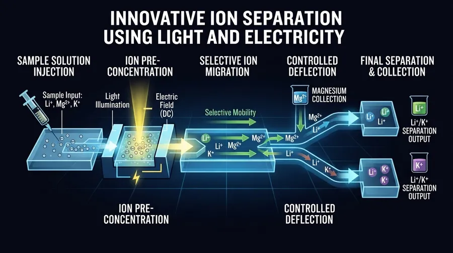 Process flow diagram of ion separation using light and electricity