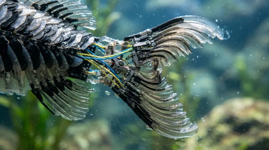 Close-up of ScaFi's flexible fin mechanism showing intricate design and material composition