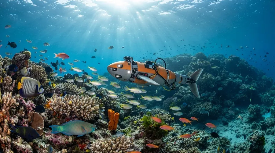 ScaFi robot in natural aquatic environment interacting with marine life and surroundings