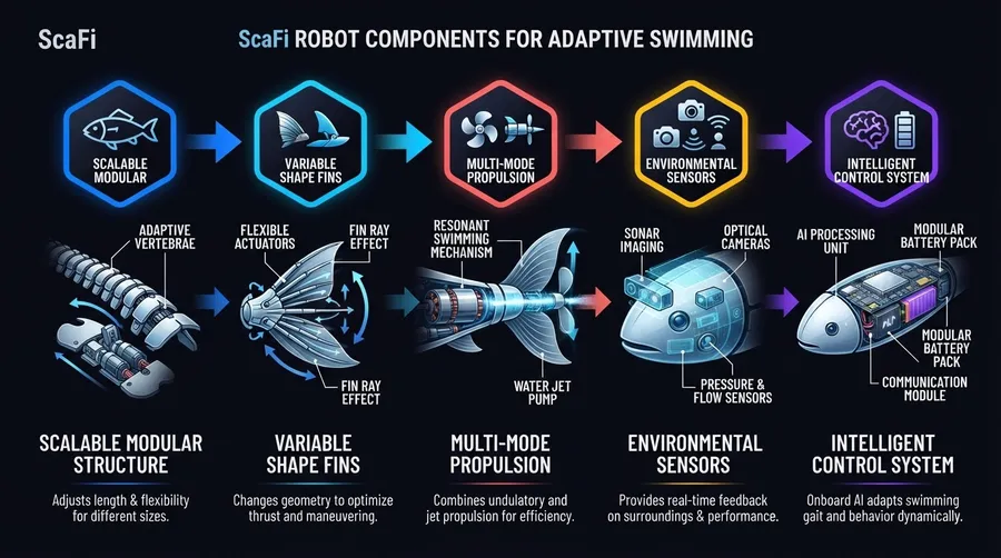 Component diagram of ScaFi robot showing adaptive fins, propulsion system, and sensors