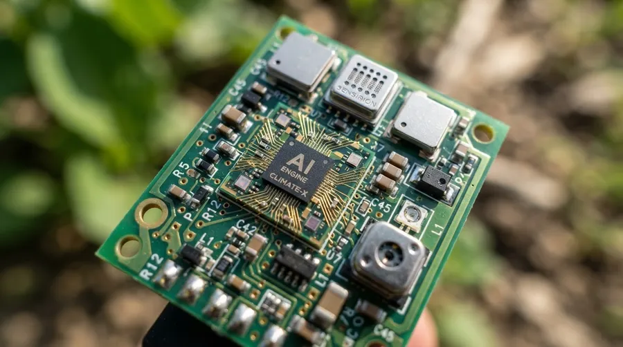 Close-up of AI-powered sensor for climate monitoring with intricate circuits