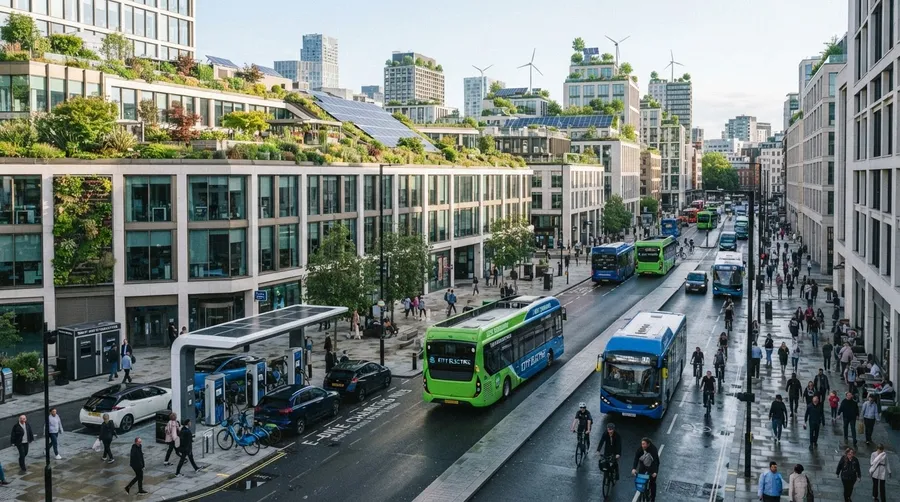 Urban environment with climate tech like electric buses and green rooftops