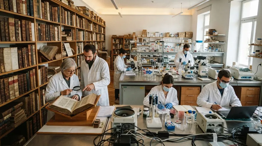 lab with researchers studying historical medical texts and modern equipment