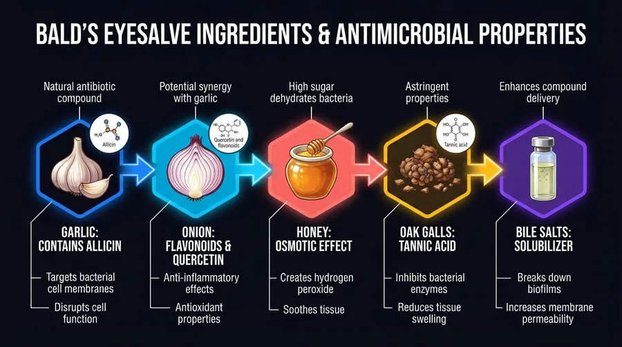 diagram of Bald's eyesalve ingredients and antimicrobial properties