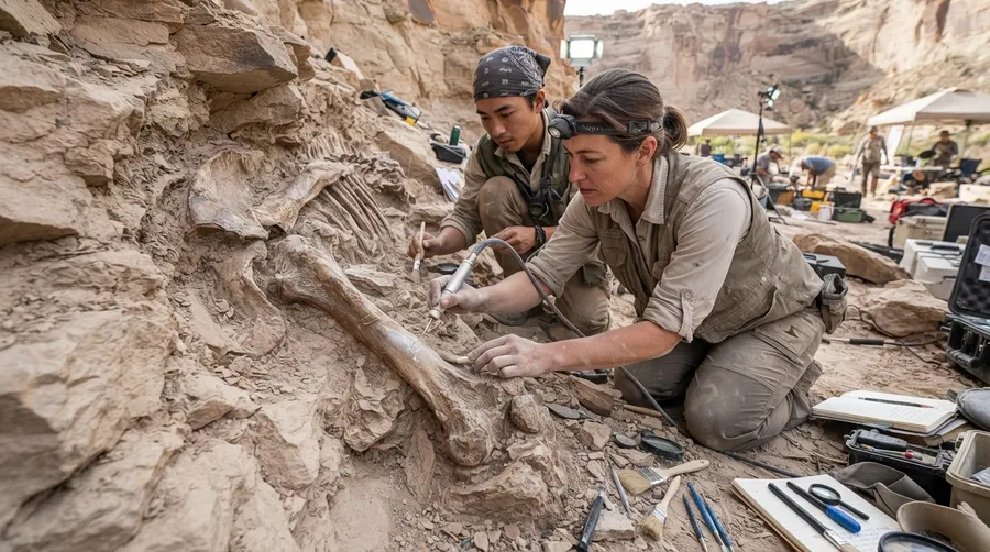 paleontologists excavating dinosaur fossil with fine tools