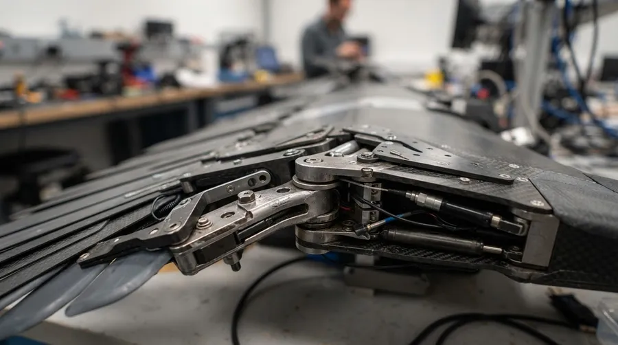 Close-up of ALBATROSS adaptive wing mechanism showing intricate joints
