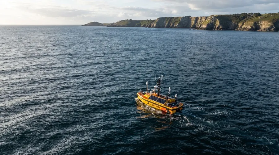 Aerial view of ALBATROSS navigating water with coastline in background