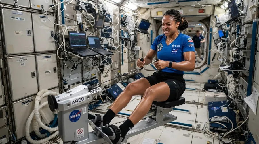 Astronaut performing resistance exercise in zero gravity