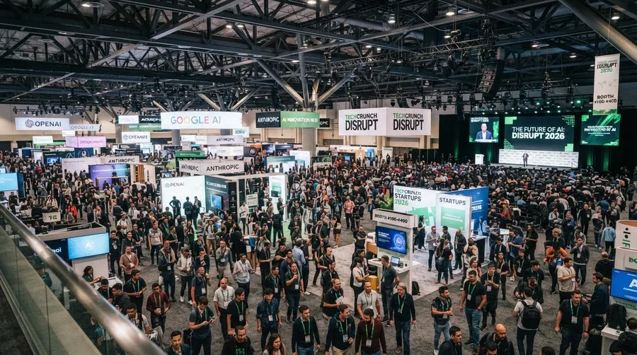 Wide shot of TechCrunch Disrupt 2026 venue filled with attendees