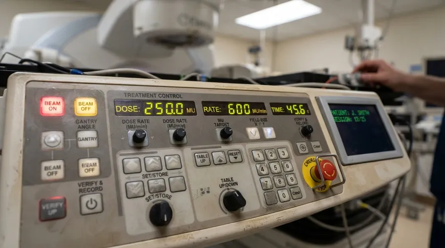 Close-up of radiotherapy machine control panel with buttons and digital displays
