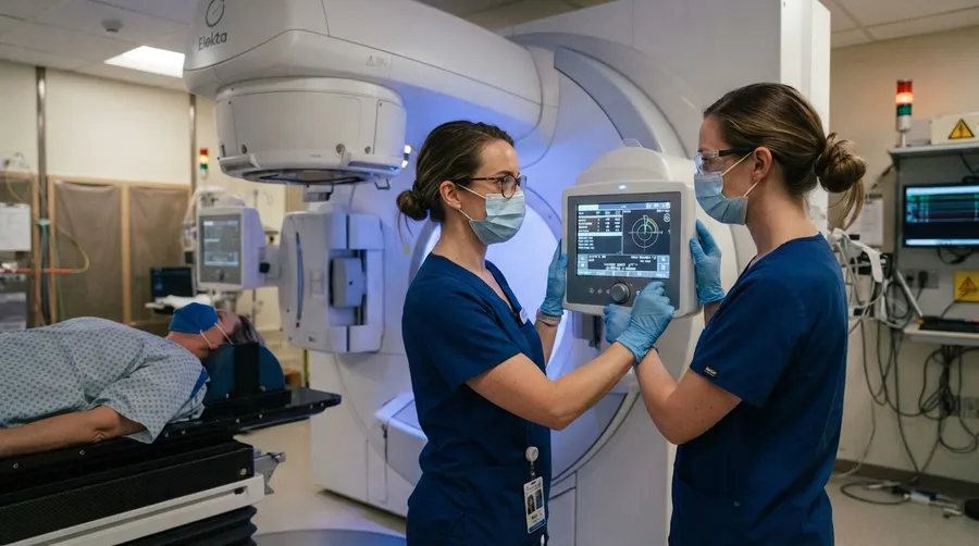 Medical professional adjusting radiotherapy machine for patient treatment
